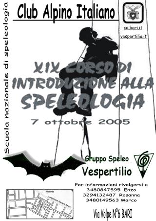 Locandina del XIX Corso di speleologia gruppo Vespertilio CAI Bari anno 2005