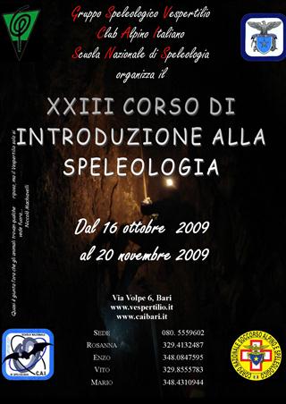Locandina del XXIII Corso di speleologia gruppo Vespertilio CAI Bari anno 2009
