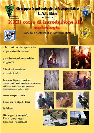Locandina del XXII Corso di speleologia gruppo Vespertilio CAI Bari anno 2008